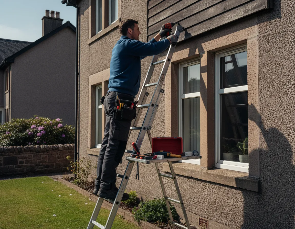 [IMAGE: Handyman completing exterior home fix-up]